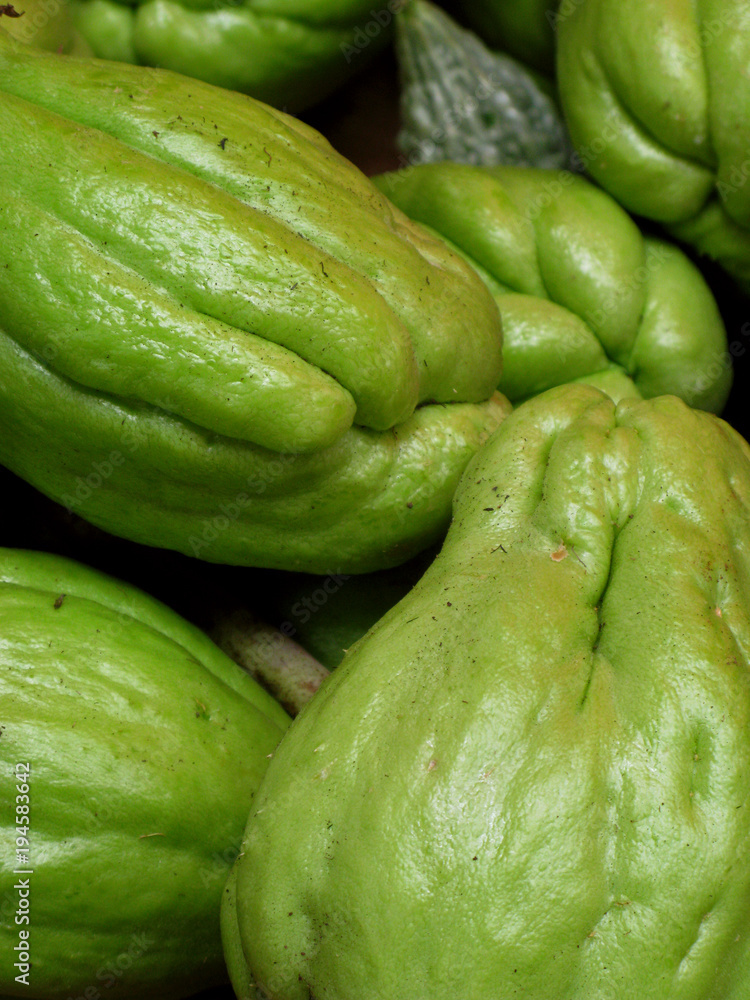 Saint Paul / La Reunion: Chinese bitter melons at a market stand on the open market on the seafront esplanade Saint Paul / La Reunion: Chinese bitter melons at a market stand on the open market on the seafront esplanade
