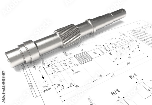 drawing of machine parts. Design documentation. Drawings and metal parts. Shaft, pinion, bushing and paper drawings. 3D rendering.