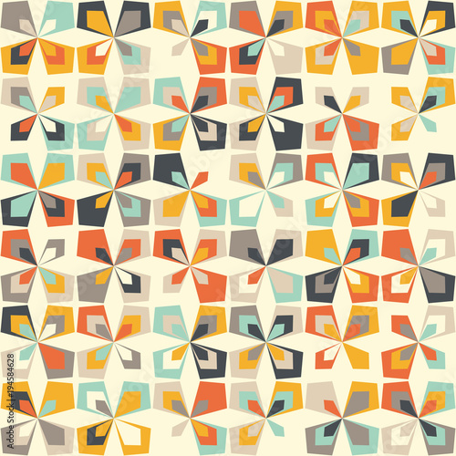 Midcentury geometric retro background. Vintage brown, orange and teal colors. Seamless floral mod pattern, vector illustration. Abstract retro geometric midcentury 60s 70s background. Retro wallpaper.