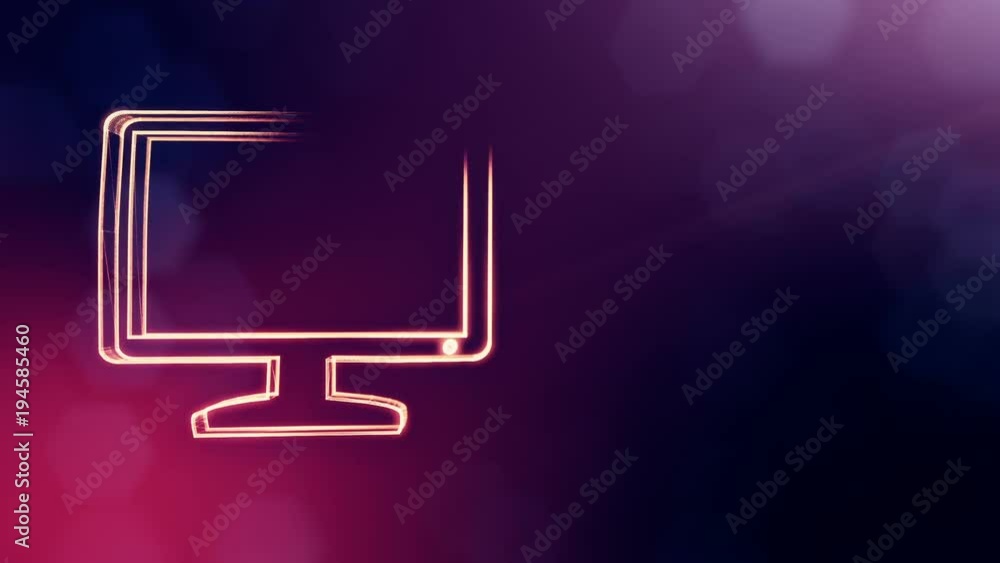 icon of monitor. Background made of glow particles as vitrtual hologram. 3D seamless animation with depth of field, bokeh and copy space. Purple color v1. icon of monitor. Background made of glow particles as vitrtual hologram. 3D seamless animation with depth of field, bokeh and copy space. Purple color v1.