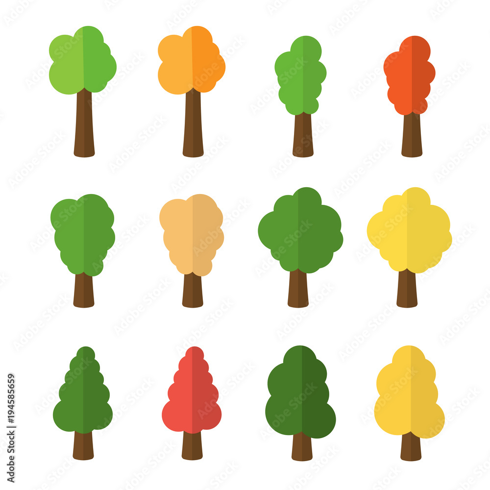 Fototapeta premium Cartoon trees icons isolated on white background. Vector illustration.