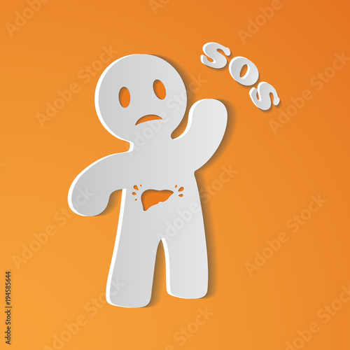 Sick Person Suffering From Liver Ache With Placard Inscripted SOS, Asking Doctor Or Patient For Medical Help, Care Or Treatment. Vector Illustration. Cancer, Infection, Pain. Medical concept.