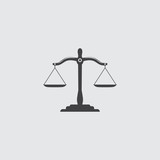 Black justice scales icon. Law balance symbol. Libra in flat design. Vector illustration