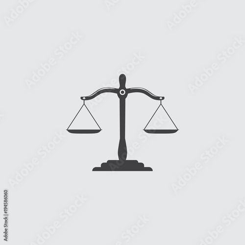 Black justice scales icon. Law balance symbol. Libra in flat design. Vector illustration