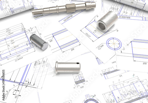 drawing of machine parts. Design documentation. Drawings and metal parts. Shaft, pinion, bushing and paper drawings. 3D rendering. project