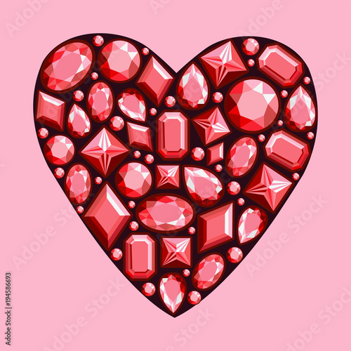 Set of jewels in the form of  heart. Precious stones of red color. Vector