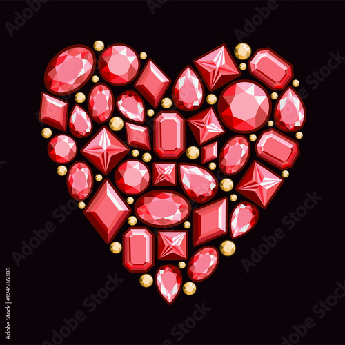 Set of jewels in the form of  heart. Precious stones of red color. Vector