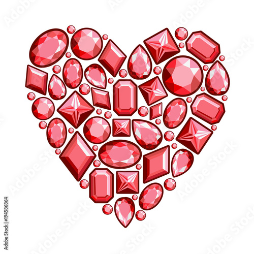 Set of jewels in the form of  heart. Precious stones of red color. Vector