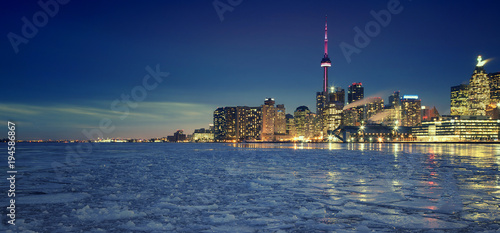 Toronto's Winter skyline, the view from Cherry Street, Toronto, Ontario, Canada. 