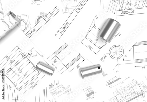 drawing of machine parts. Design documentation. Drawings and metal parts. Shaft, pinion, bushing and paper drawings. 3D rendering. project