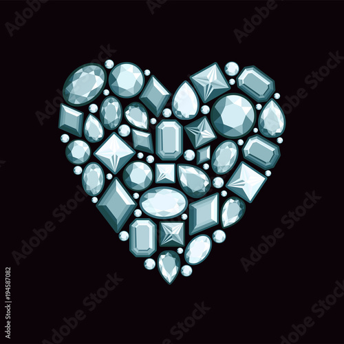 Set of jewels in the form of  heart. Precious stones of silver color. Vector