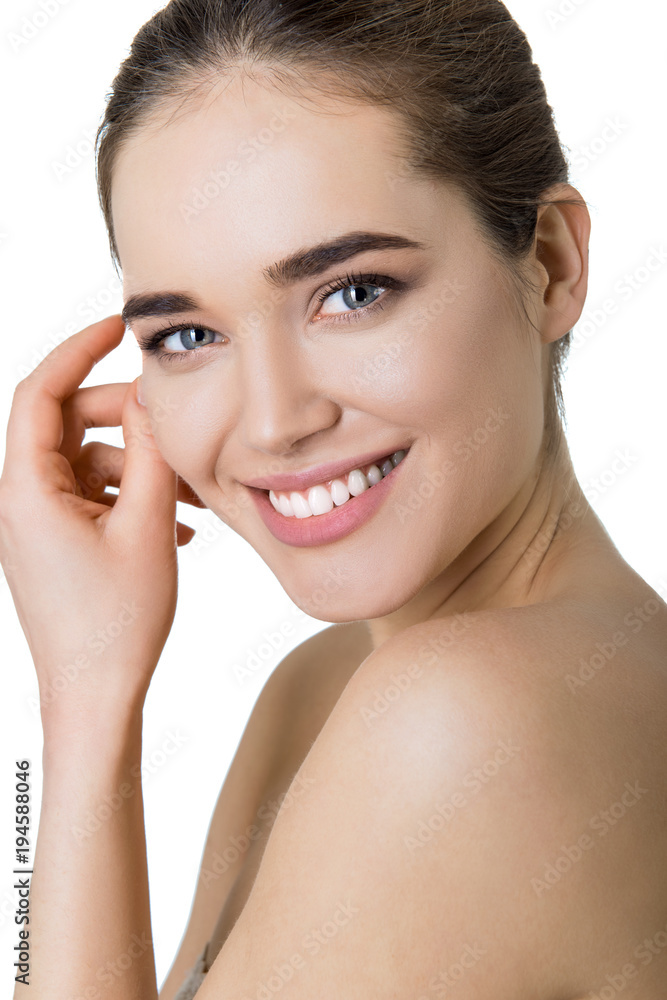 Beauty female portrait. Laughing woman mouth with great teeth over white background. Healthy beautiful female smile. Teeth health, whitening, prosthetics and care. Beauty female portrait. Laughing woman mouth with great teeth over white background. Healthy beautiful female smile. Teeth health, whitening, prosthetics and care.