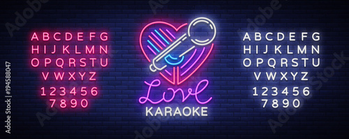 Karaoke Love logo in neon style. Neon sign, bright nightly neon advertising Karaoke. Light banner, bright night billboard. Vector illustration. Editing text neon sign