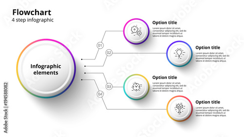 Business process chart infographics with 4 step segments. Circular corporate timeline infograph elements. Company presentation slide template. Modern vector info graphic layout design.