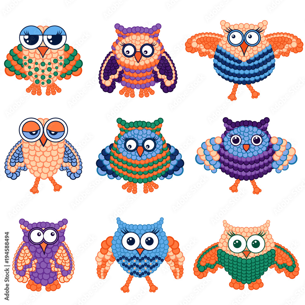 Naklejka premium Set of nine amusing owls