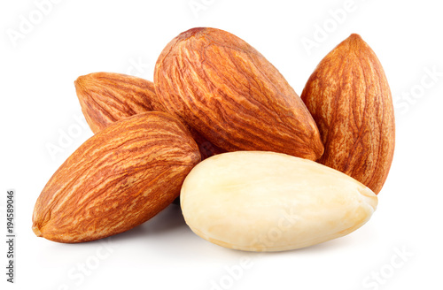 Almond isolated. Group of almond nuts isolated on white background. Full depth of fielda