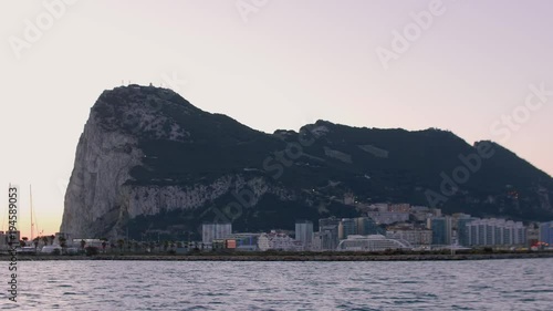 View of Gibraltar from board of sailing yacht during sunrise