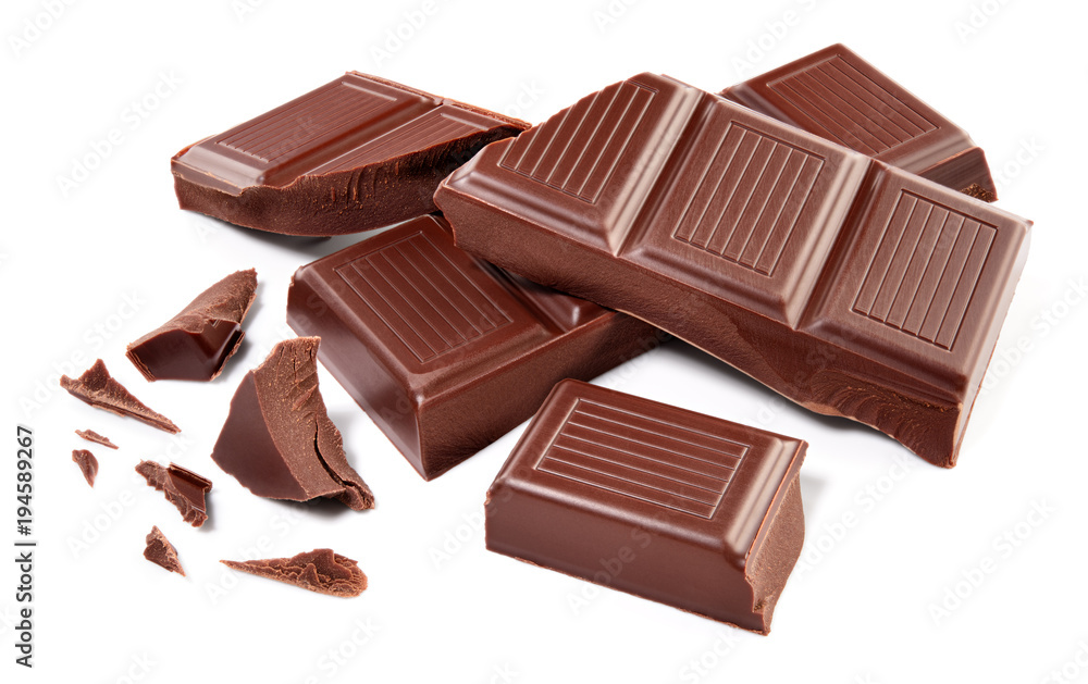 Broken chocolate bar. Group of pieces isolated on white background. With clipping path. Broken chocolate bar. Group of pieces isolated on white background. With clipping path.