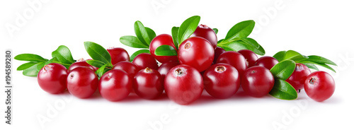 Cranberry with leaves isolated on white background. Fresh raw berries. Full depth of field.