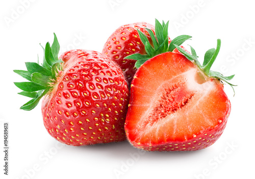Strawberry. Fresh raw three berries with a cut isolated on white background.