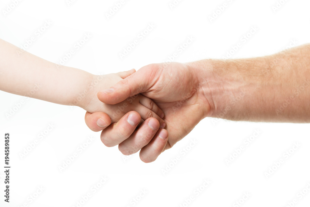 Hands, deal time. Father's and his son's hands. Dad and kid hands over white. Male and children hands closep, isolated on white background. Hands, deal time. Father's and his son's hands. Dad and kid hands over white. Male and children hands closep, isolated on white background.