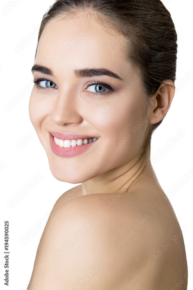 Beauty female portrait. Laughing woman mouth with great teeth over white background. Healthy beautiful female smile. Teeth health, whitening, prosthetics and care. Beauty female portrait. Laughing woman mouth with great teeth over white background. Healthy beautiful female smile. Teeth health, whitening, prosthetics and care.