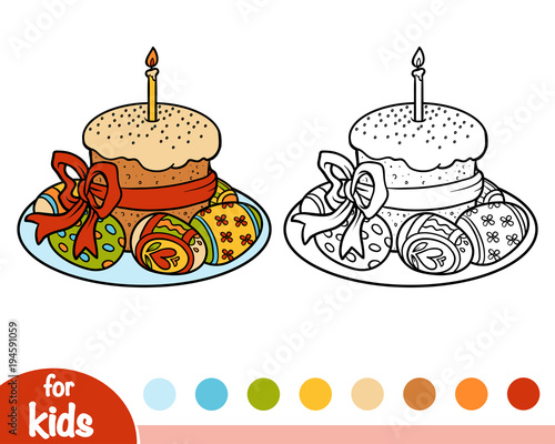 Coloring book, Easter cake and colored eggs