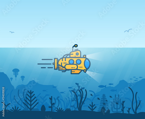 Linear yellow submarine swimming under the ocean with periscope. Underwater inhabitants. Underwater ocean scene. Deep blue water, coral reef and sea plants and fish. Modern line illustration.