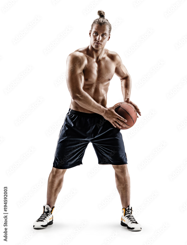 Basketball player passing the ball. Handsome man playing basketball on white background. Strength and motivation. Full length Basketball player passing the ball. Handsome man playing basketball on white background. Strength and motivation. Full length