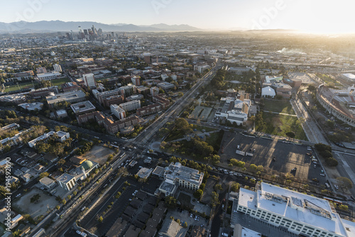 Aerial view of Exposition Park, University of Southern California campus, and neighborhoods south of downtown Los Angeles in Southern California. photo