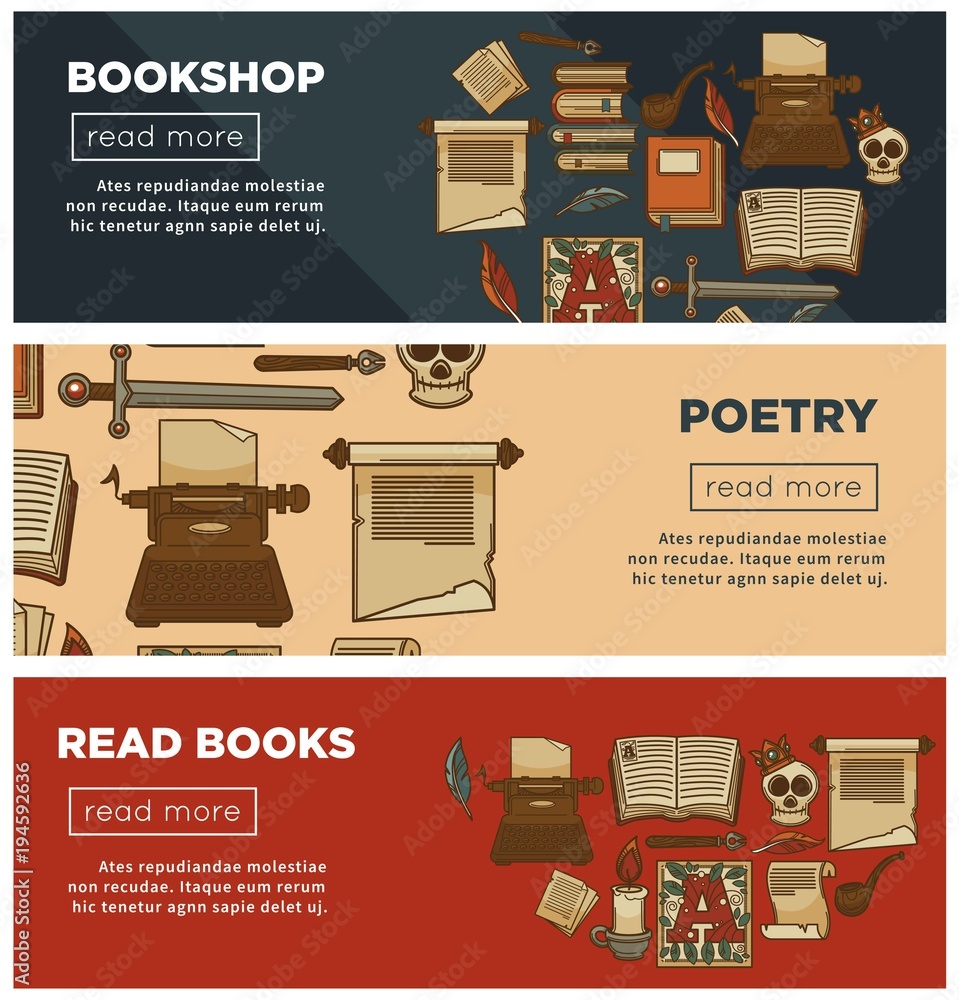 or bookstore banners of vector library vintage books, ink