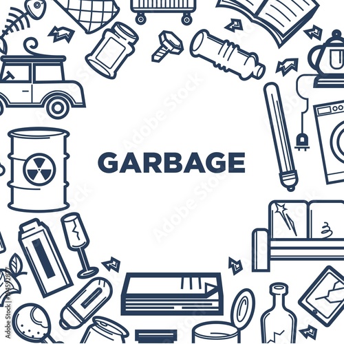 Garbage promotional poster with frame of useless trash