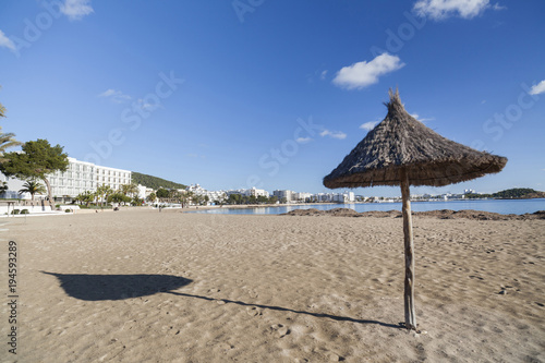  Mediterranean beach in balearic town of Santa Eularia des Riu  Ibiza  Spain.