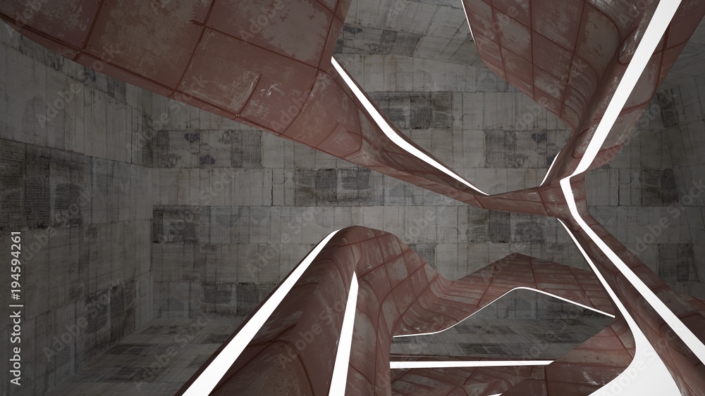 Empty smooth abstract room interior of sheets rusted metal and brown concrete. Architectural background. Night view of the illuminated. 3D illustration and rendering Empty smooth abstract room interior of sheets rusted metal and brown concrete. Architectural background. Night view of the illuminated. 3D illustration and rendering
