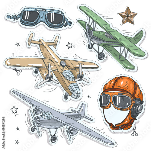 colorful sticker, set retro old aircraft, pilot helmet