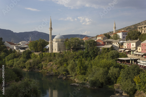 Overview of Mostar city with Koski mosque and Neretva river