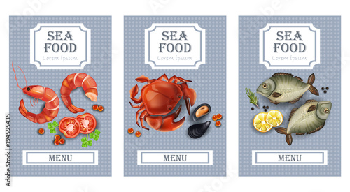 Sea food cards Vector realistic. Layout Template with crabs, fish, shrimps and caviars
