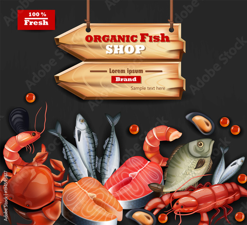 Seafood card Vector realistic. Organic shop mock up. Layout 3d illustration t...