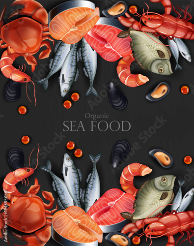 Seafood banner Vector realistic. Organic shop mock up. Layout 3d illustration templates