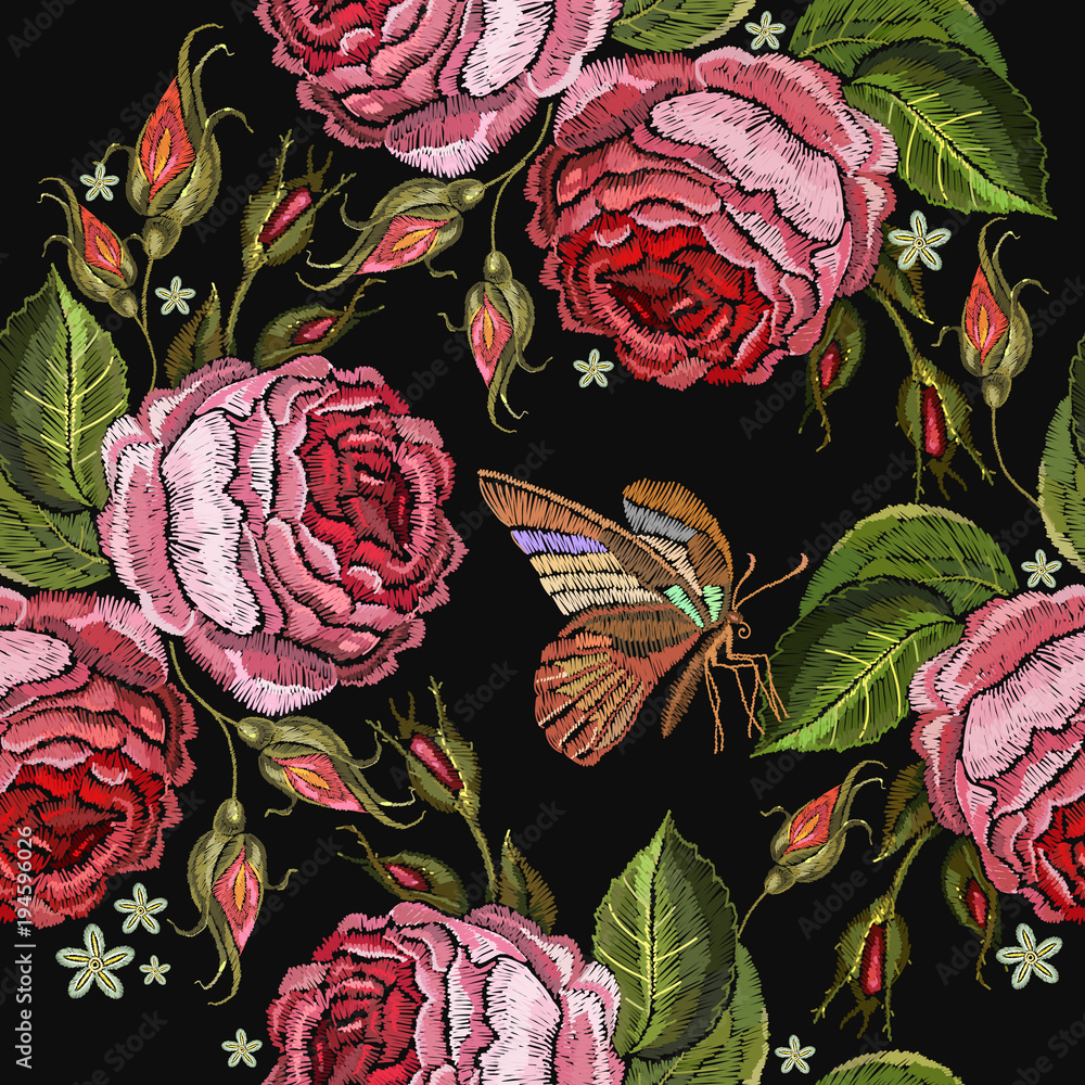 Roses embroidery seamless pattern. Classical embroidery