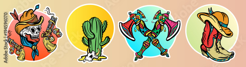 Cowboy, cactus, guns. Classic flash tattoo style, patches and stickers set. Wild west old school tattoo vector. Fashionable western