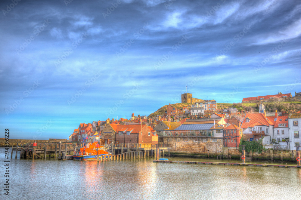 Whitby harbour and Abbey North Yorkshire England uk in colourful HDR