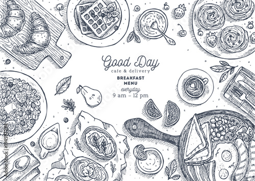 Breakfast top view illustration. Various food background. Engraved style illustration. Hero image. Vector illustration