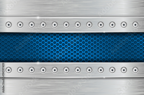 Metal rivetted background with blue perforated