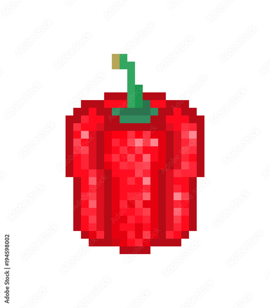 Fototapeta premium Red bell pepper, 8 bit pixel art icon on white. Fresh vegetable salad, stew recipe ingredient. Healthy eco organic product food market logo. Slot machine pictogram. Retro 80s,90s video game graphics.