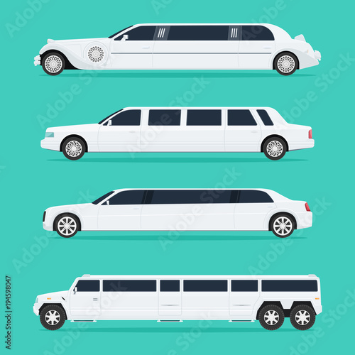 Four different white limousines isolated on a light background. No gradients. Vector illustration.