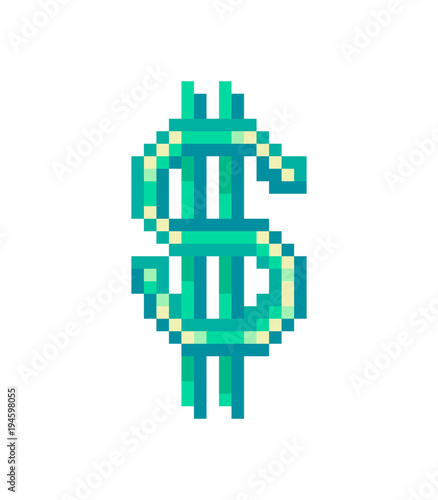 Green shiny dollar sign, pixel art icon isolated on white background. Bank icon. American money investment symbol. Payment sign. 8 bit slot machine jackpot pictogram. Retro 80s,90s video game graphics