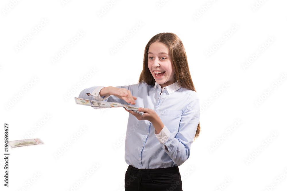 Young beautiful girl is throwing money. Isolated on white background. Young beautiful girl is throwing money. Isolated on white background.