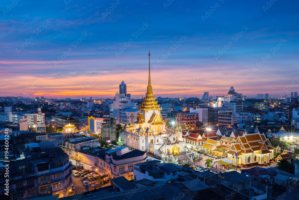 Bangkok, Thailand : 2017,NOV 27 - Wat Trimitr in Chinatown in sunset at Bangkok, Thailand.