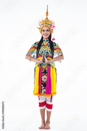 The lady in SouthernThe lady in colorful Southern thai classical dancing suit is posing Thai southern dance pattern on white background. thai classical dancing suit is posing on white background.